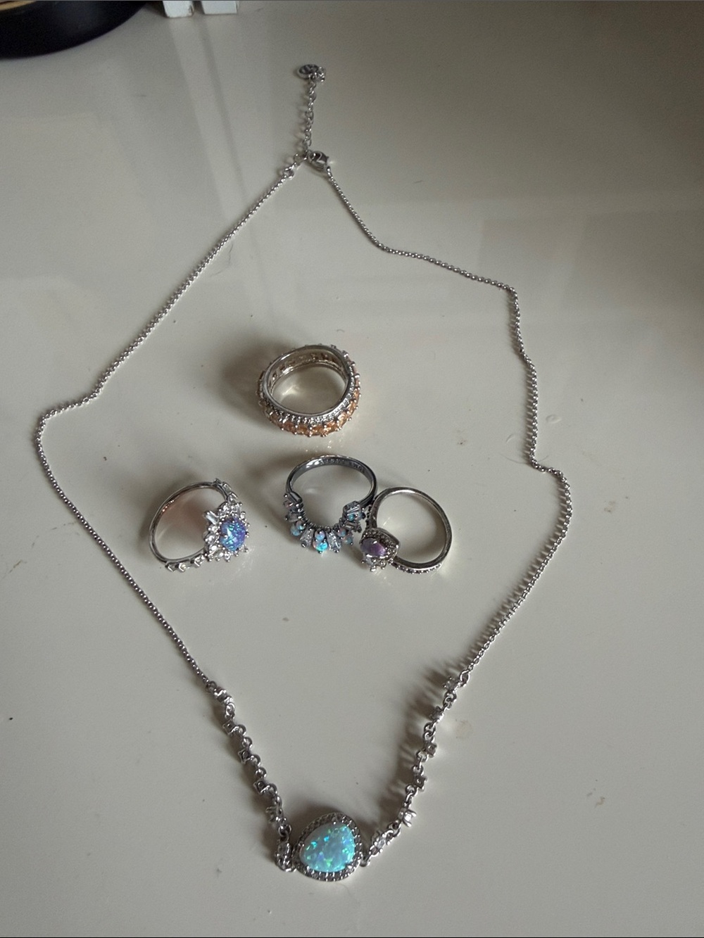 Opalescent Teardrop Pendant Necklace - Silver Tone